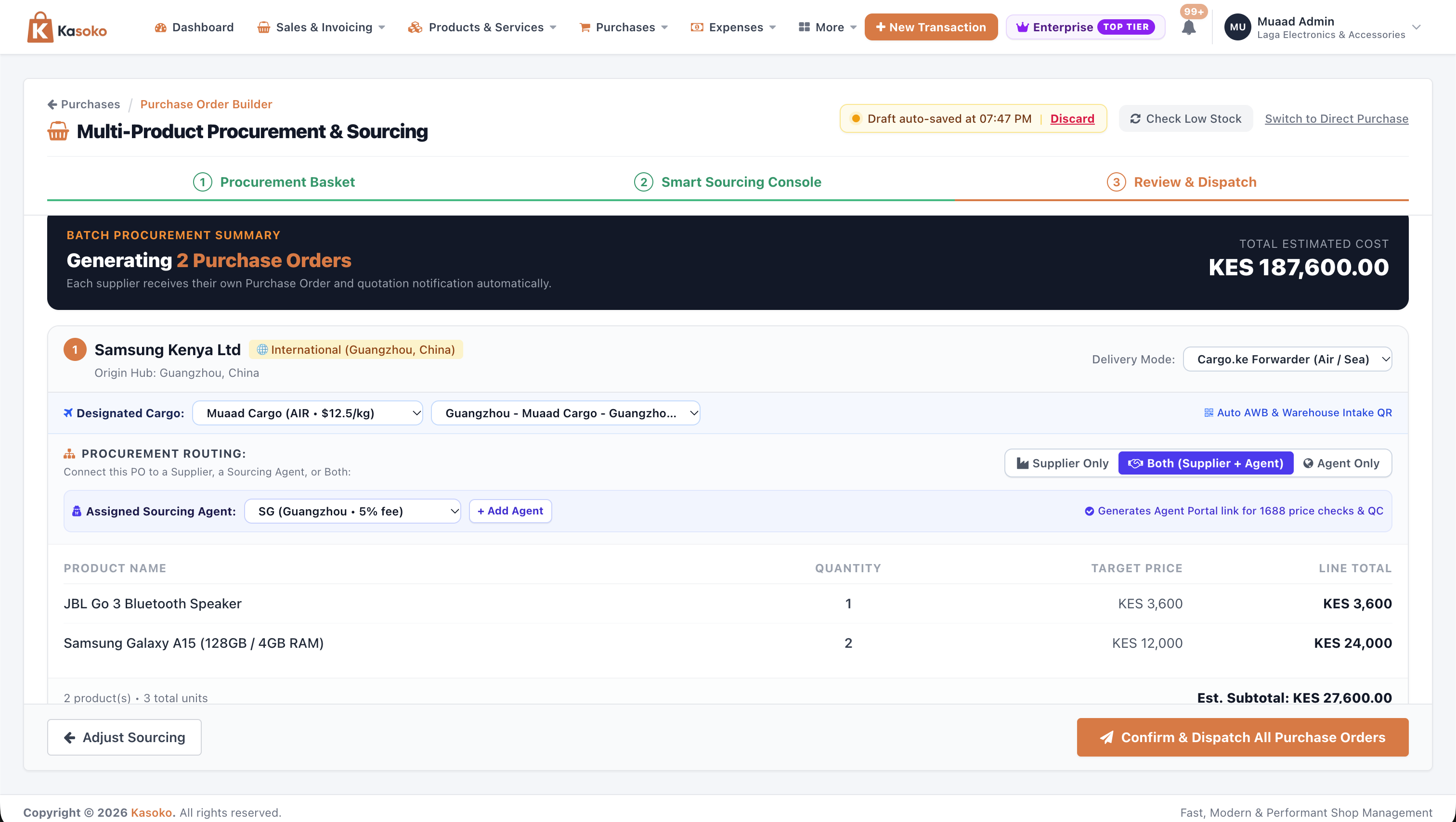 Kasoko Order Summary creating 2 Purchase Orders with Cargo.ke shipping company link and Supplier/Agent options